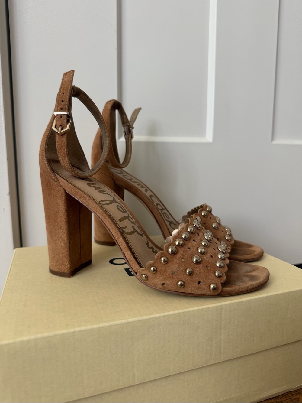 Sam Edelman Studded Tan Suede Block Heel Sandals